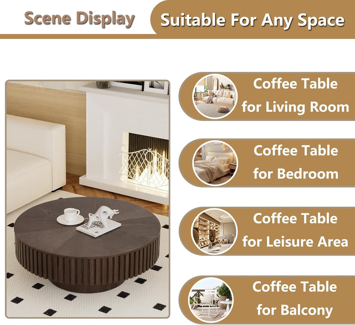 Round Handcraft Fluted Coffee Table with Sturdy Stable Pedestal Modern Luxury Drum Center Table Circle Accent Base Center Tables for Living Room Apartment (K)