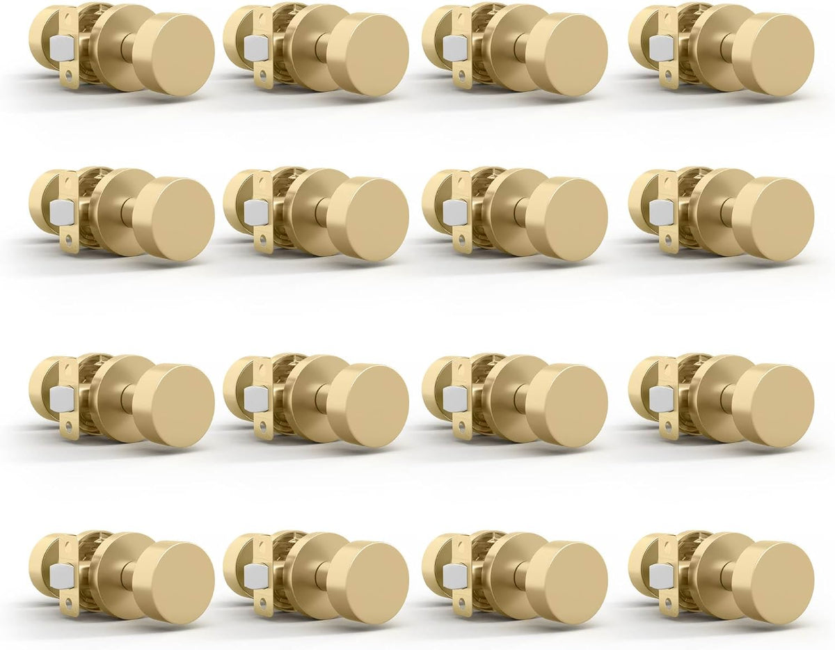 Mega Handles Buena Passage Door Knob for Hallway, Closet and Bathroom, Reversible Heavy Duty Design Door Knobs, Fits All Standard Door Sizes, Screws Included - Satin Brass (16 Pack)