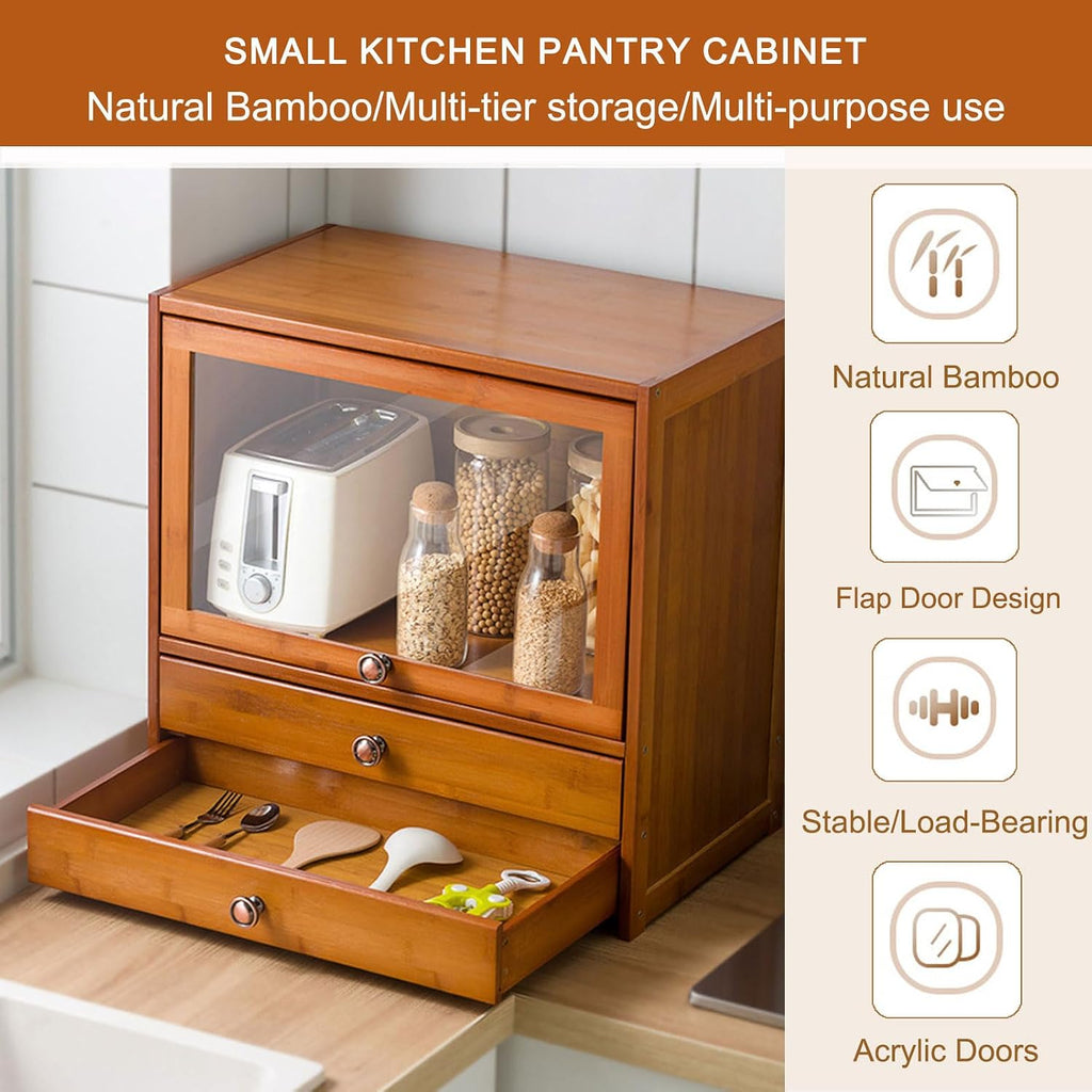 Storage Cabinet for Kitchen, Countertop Small Bamboo Kitchen Pantry Sideboard, with Flip-Top Door and Drawer, Use for Spice Seasoning Bottles, Cups Storage Cabinet,42×52cm/16.5×20in