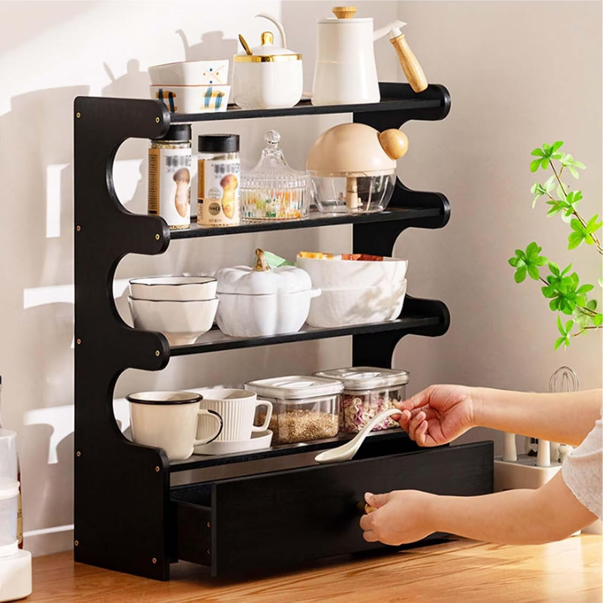 Coffee Mug Holder Bamboo Cup Rack, 4-Tier with Drawer Acrylic Home Display Rack for Kitchen Countertops, Coffee Bars, for Placing Mugs, Syrup, Cups, Stirrers