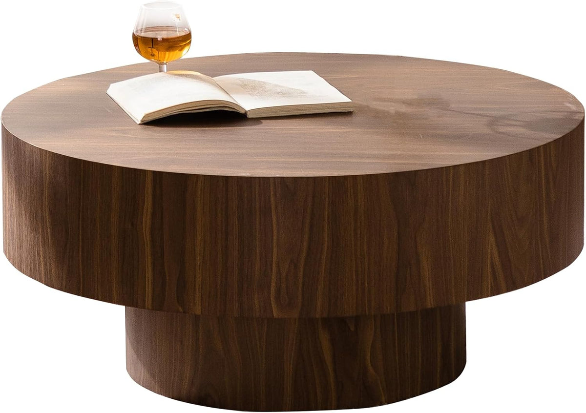 KEVINSPACE Round Wood Coffee Table, Fluted CoffeeTable Handcraft Drum TeaTable CenterTable for Living Room, Modern Wooden CocktailTable for Small Space, Easy Assembly 30.51' Walnut