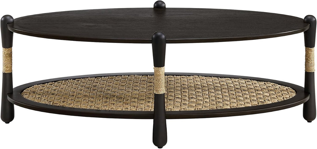 Harbor Oak 46' Oval Oak Wood Coffee Table with Seagrass Accents and Shelf Storage | Coastal Boho Cocktail Table. Black Smoked Oak Finish.