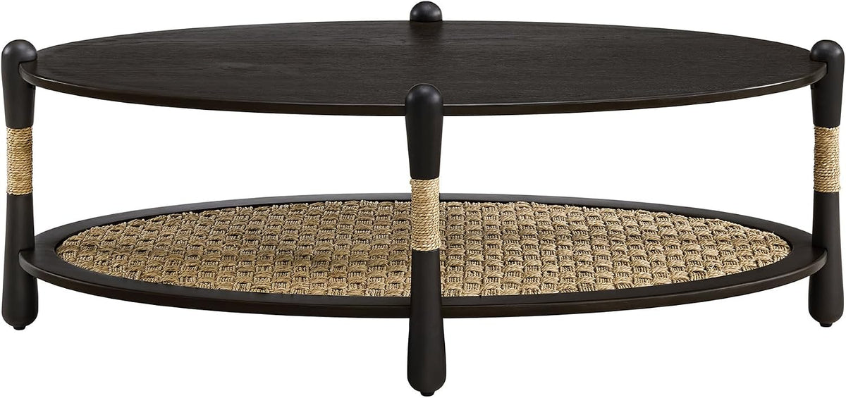 Harbor Oak 46' Oval Oak Wood Coffee Table with Seagrass Accents and Shelf Storage | Coastal Boho Cocktail Table. Black Smoked Oak Finish.