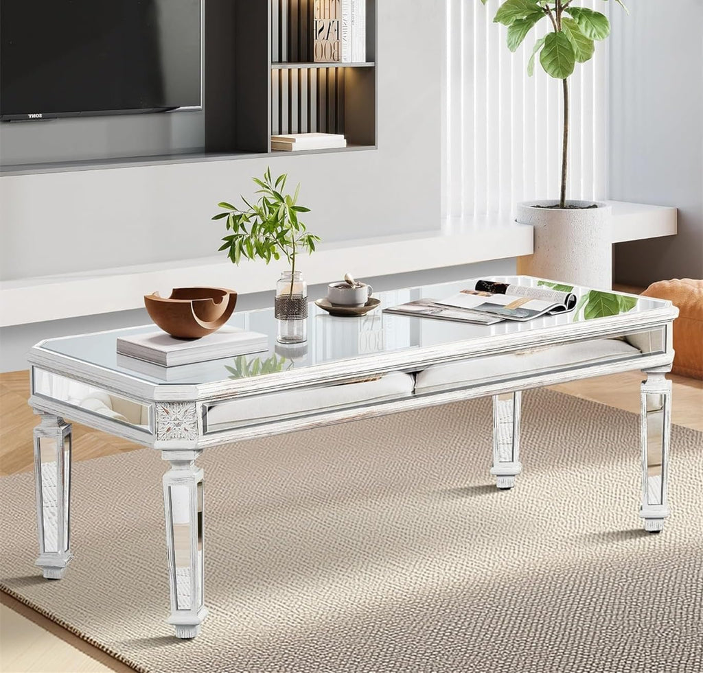 Modern Mirrored Coffee Table for Living Room Luxury Cocktail Center Table with Silver Mirror Finish Rectangular Small Coffee Table with Vintage Natural Carved Frame and Legs