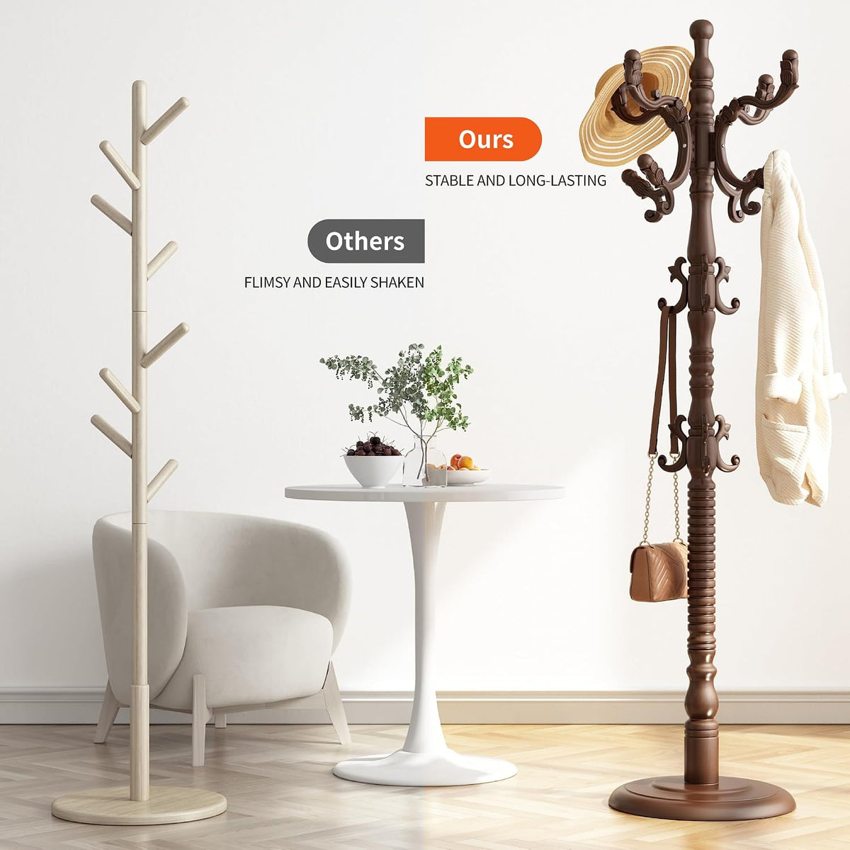 Wood Coat Rack Stand Wooden Coat Rack Freestanding Hall Coat Tree with Sturdy Round Base and 14 Hooks for Hats Bags Purses Vintage Coat Tree Hanger Stand for Entryway Hallway Bedroom, Brown
