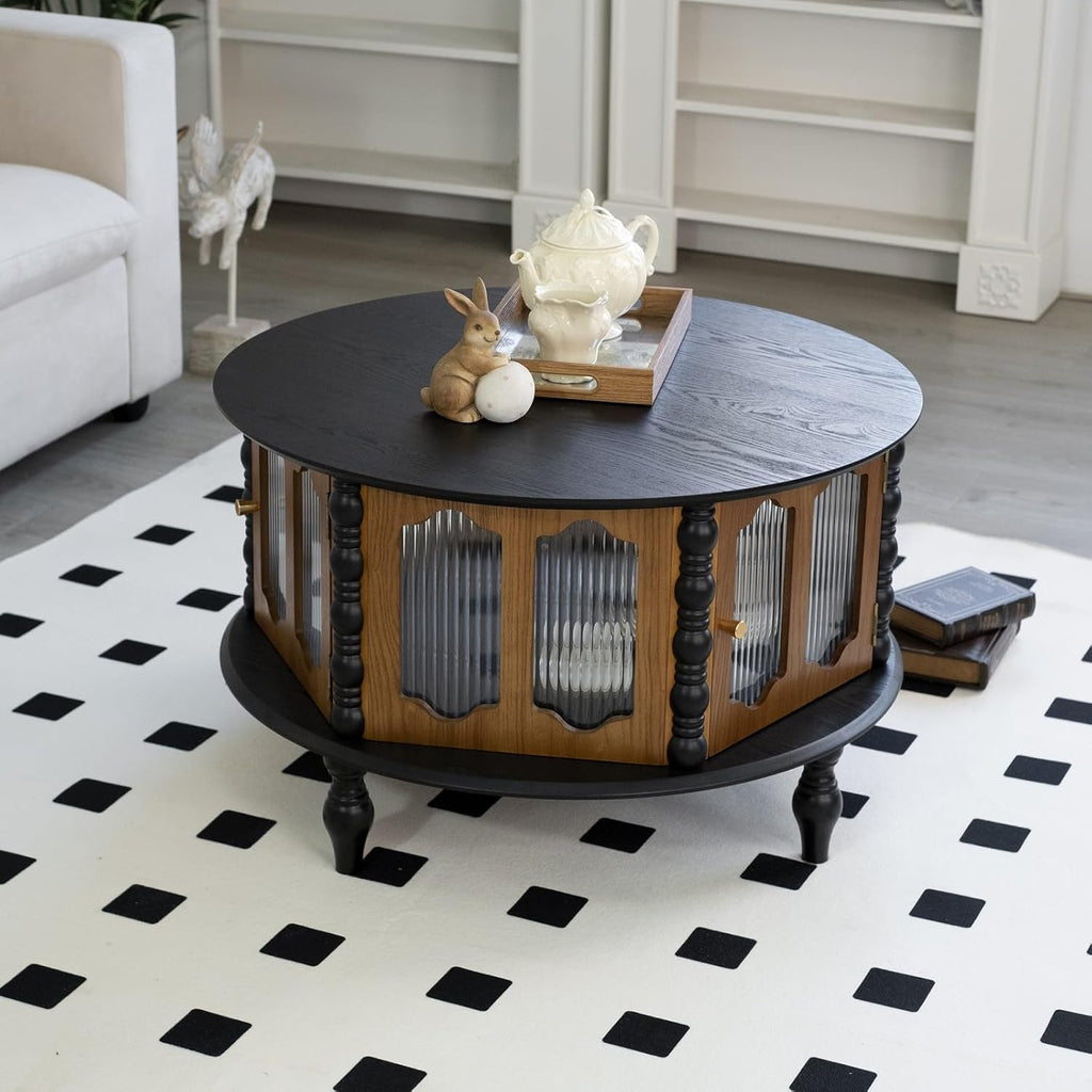 Coffee Table for Living Room Modern 31.5' Round Coffee Tables Center Storage Mid Century Wooden Circle Accent Tea Wood Home Furniture Apartment Small Spaces Black Tabletop + Walnut