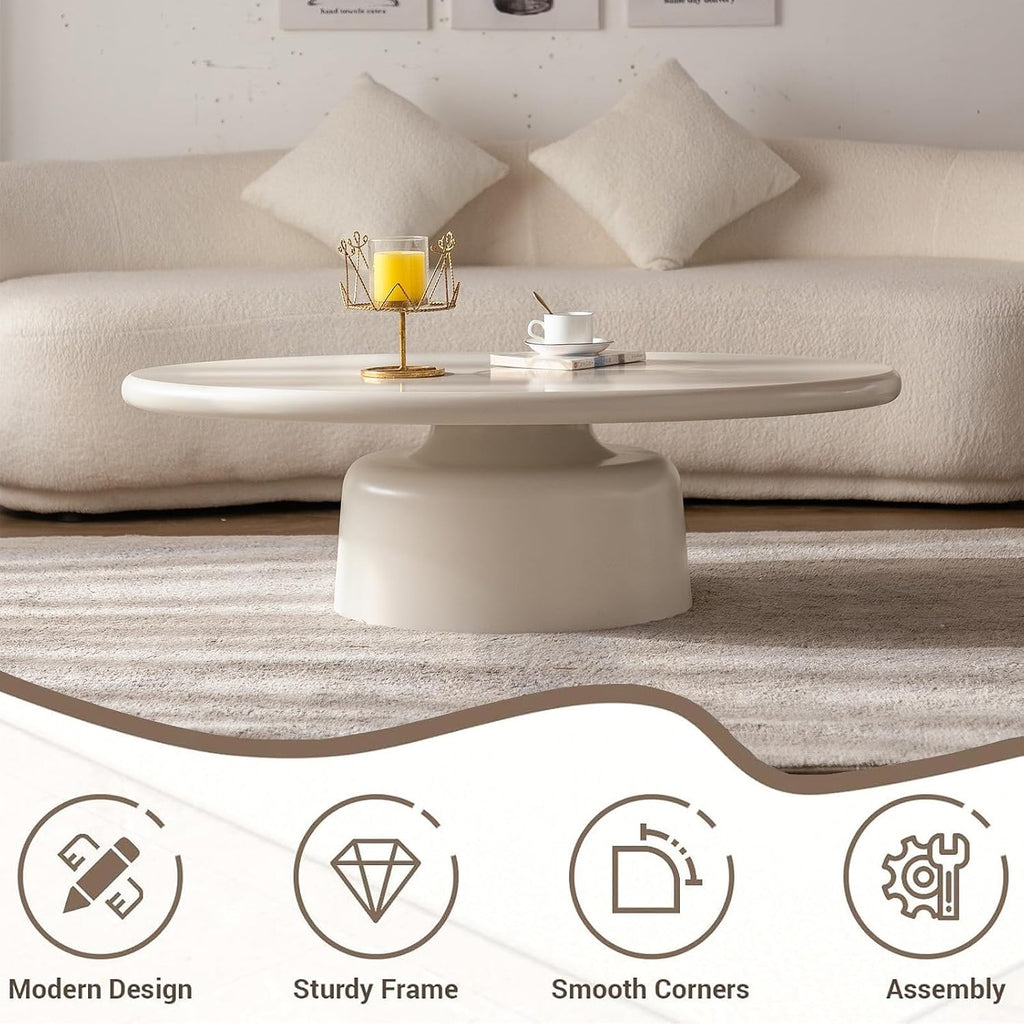 White Oval Coffee Table for Living Room, Contemporary Pedestal Design, Traditional Round Circle Wooden Center Coffee Table, for Farmhouse Apartment (B45.7)