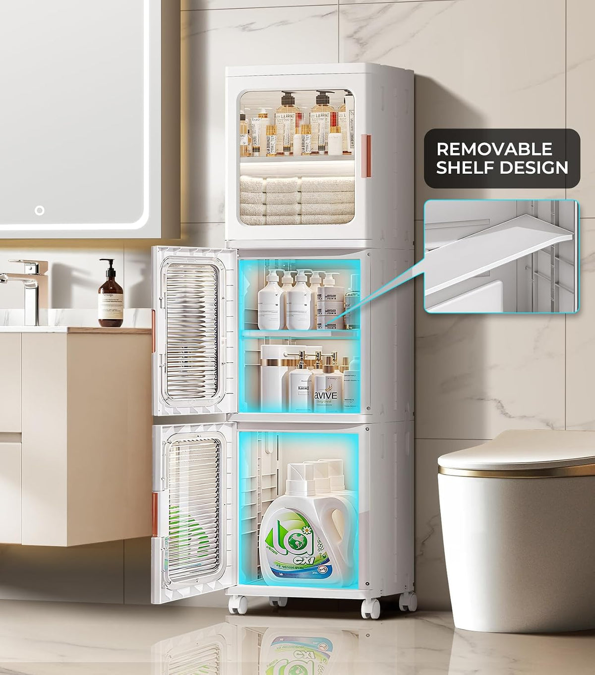 3-Tier Slim Narrow Bathroom Storage Cabinet with Movable Wheels and Adjustable Shelves Plastic Cabinets with Doors Foldable Small Spaces Organizers for Kitchen Laundry Bedroom Pantry,White