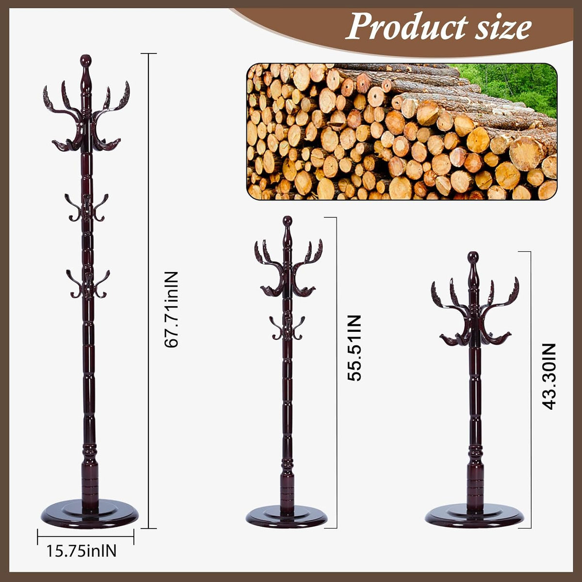 Wooden Coat Rack Freestanding, Vintage Coat Racks with Sturdy Round Base, Adjustable Height 37.40'-72.83' Entrance Coat Rack for Bedroom Living Room Entryway (Solid Wood Fenghuang Gou)