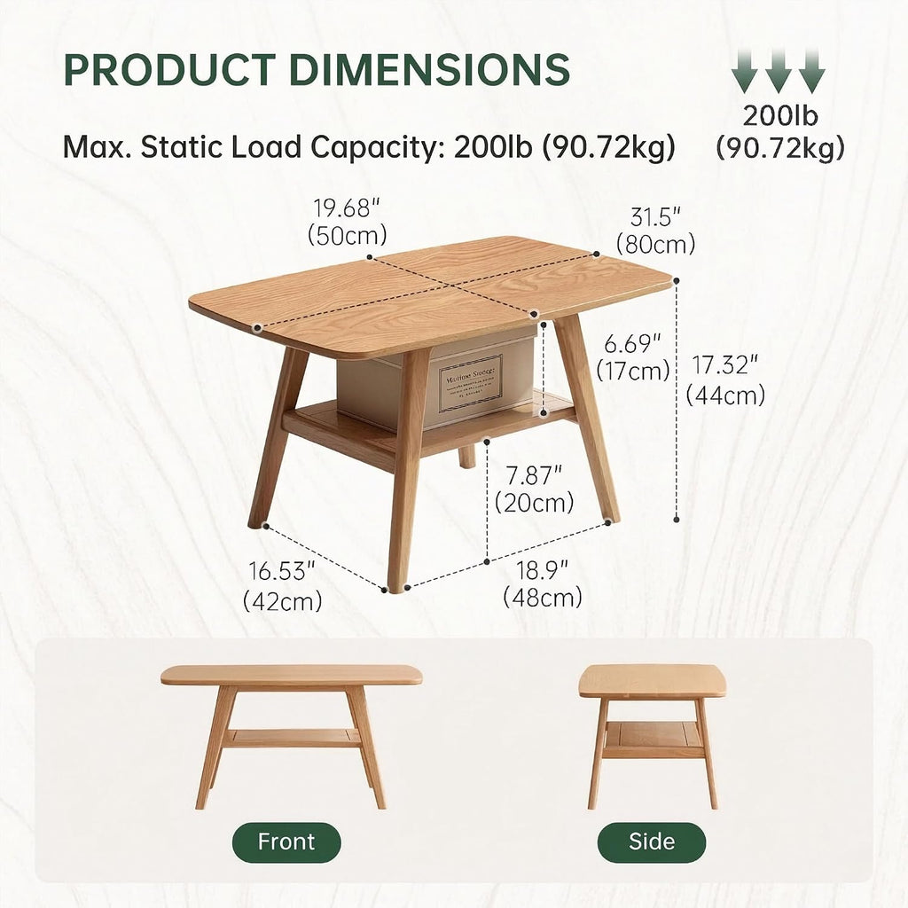 31.5' Solid Wood Coffee Table, 2-Tier Center Table with Open Storage for Living Room, Mid-Century Modern Sofa Table, Walnut Finish, Easy Assembly