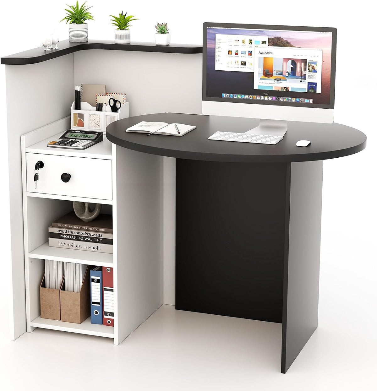 Reception Desk, Small Retail Checkout Counter with Lockable Drawer and Open Shelves, Wooden Computer Workstation for Home Office Lobby, White Oval Desktop & Black Counter
