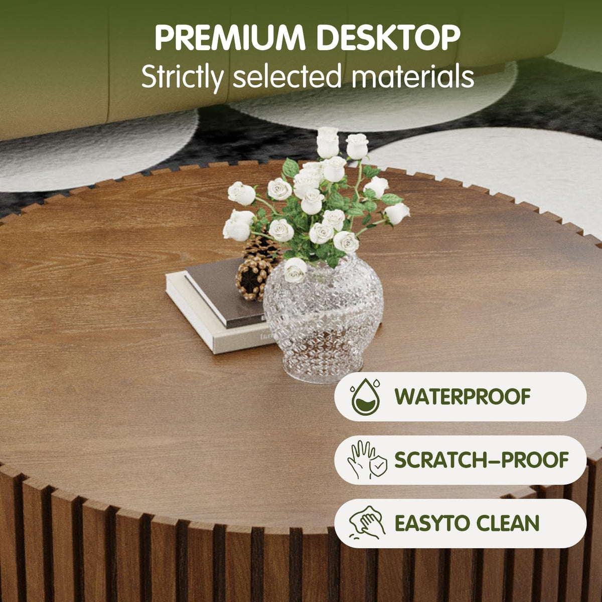 Round Drum Coffee Table 31.5'' Handcraft Fluted Coffee Table Modern Unique Circle Accent Center Table for Living Room with Sturdy Pedestal Gear Easy Assembly for Small Space,31' Round Brown