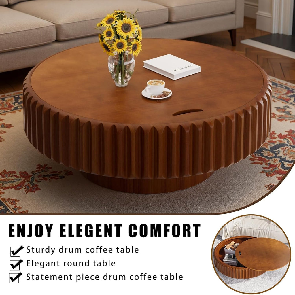 Round Drum Fluted Coffee Table with Storage for Living Room Modern Circle Coffee Table with Pedestal Center Tables Fluted Accent Tea Tables for Apartment Living Room (L31.5IN)