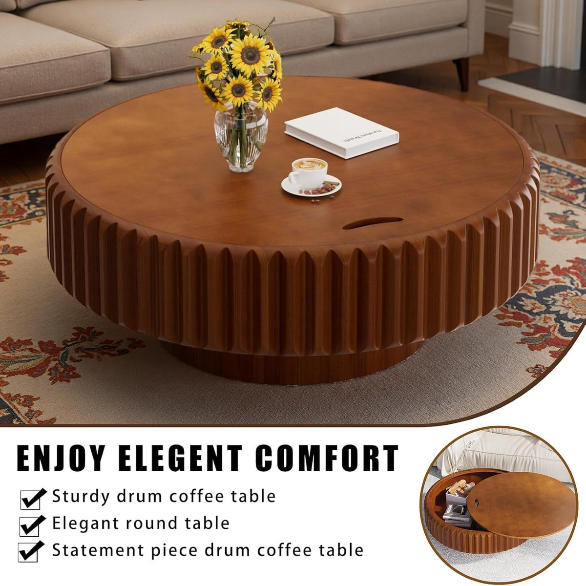 Round Drum Fluted Coffee Table with Storage for Living Room Modern Circle Coffee Table with Pedestal Center Tables Fluted Accent Tea Tables for Apartment Living Room (L31.5IN)