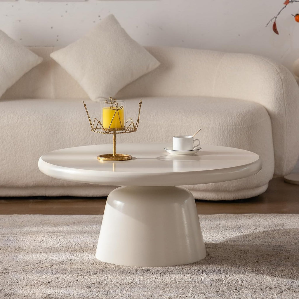 Cream White Round Coffee Table with Stylish Curve, Mid Century Modern Drum Coffee Table, Minimalist Farmhouse Center Furniture, for Living Room Apartment Office (D)