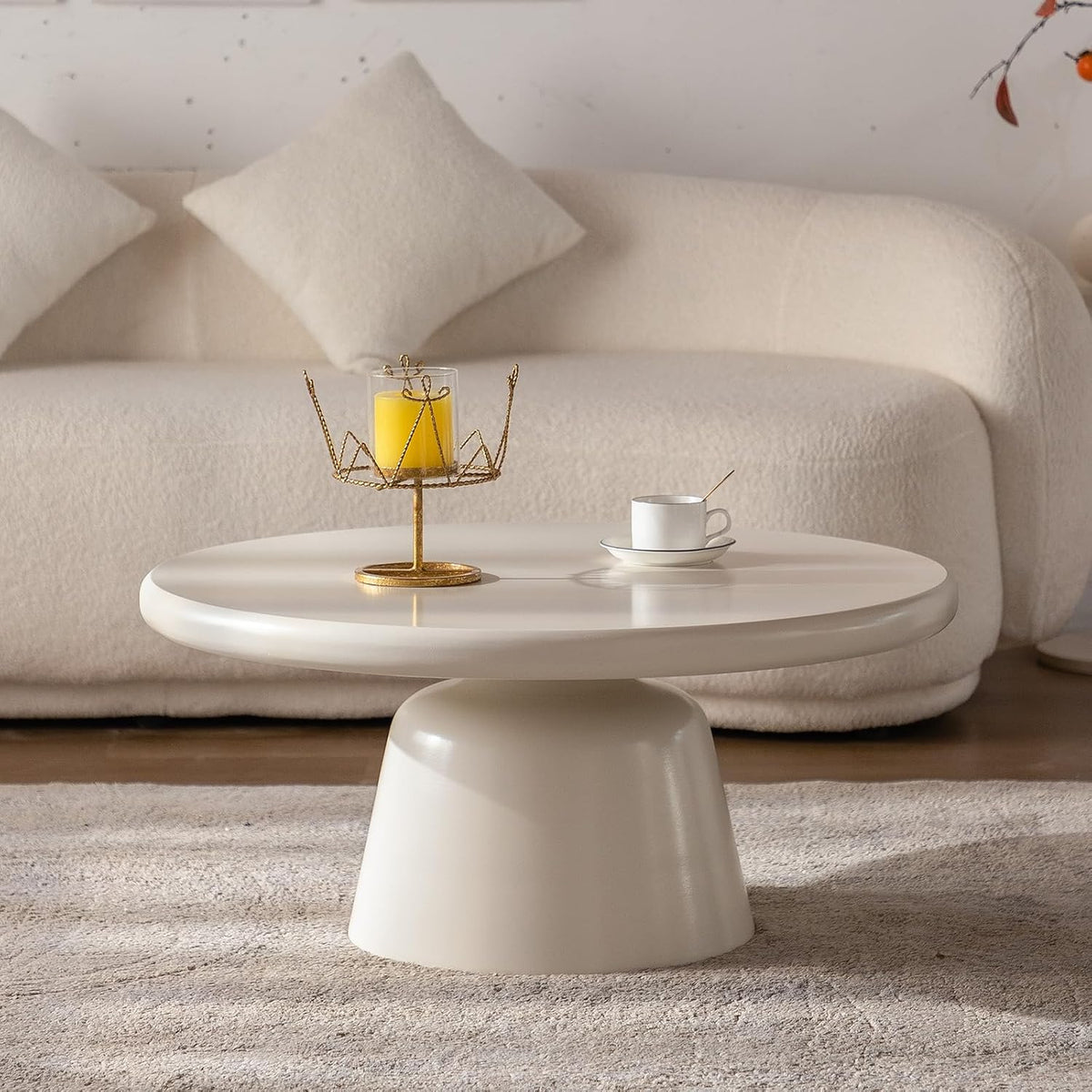 Cream White Round Coffee Table with Stylish Curve, Mid Century Modern Drum Coffee Table, Minimalist Farmhouse Center Furniture, for Living Room Apartment Office (D)