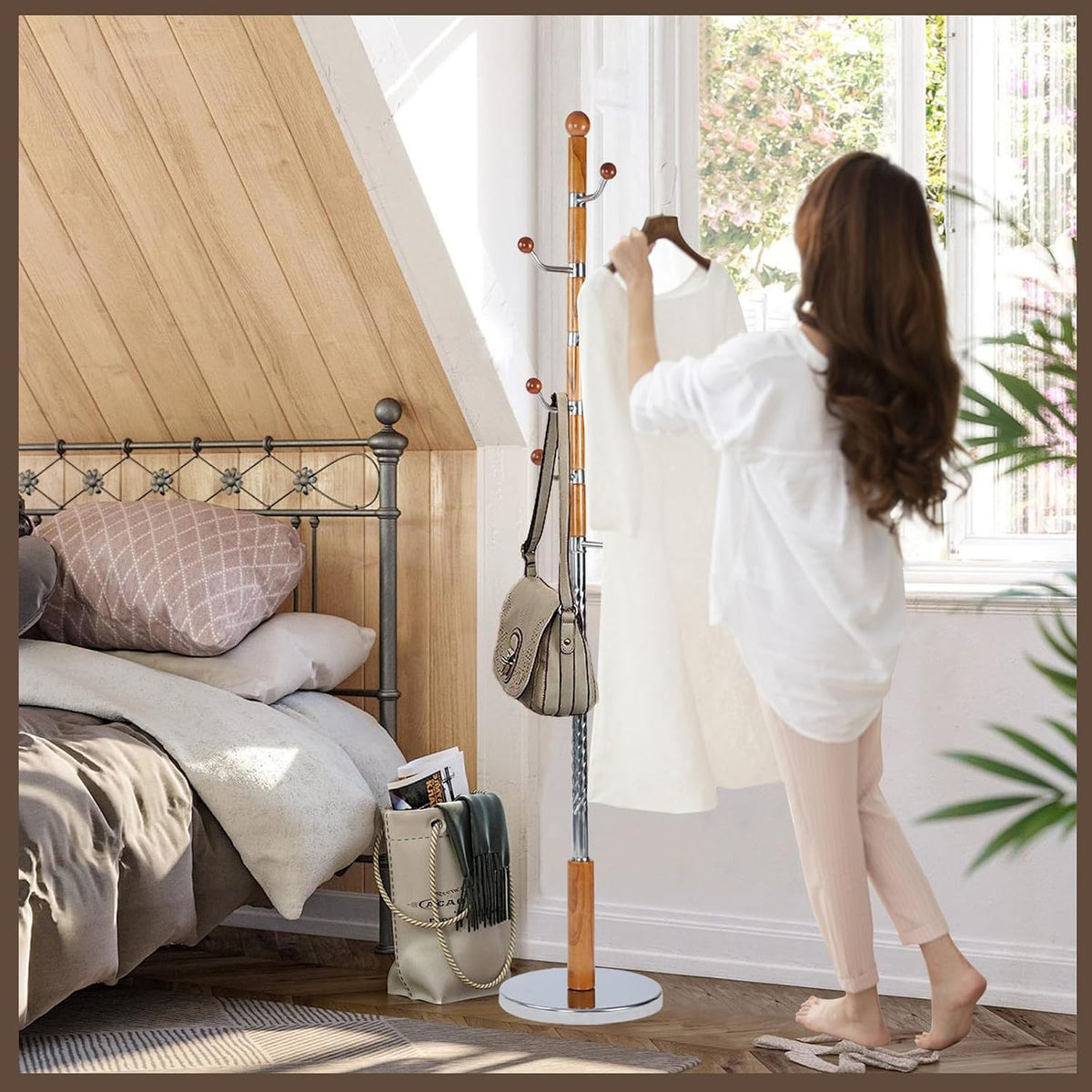 Wooden Coat Rack Freestanding, Vintage Coat Racks with Sturdy Round Base, Adjustable Height 37.40'-72.83' Entrance Coat Rack for Bedroom Living Room Entryway (Solid Wood Metal Hook)