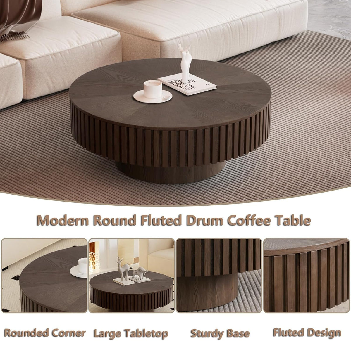 Round Handcraft Fluted Coffee Table with Sturdy Stable Pedestal Modern Luxury Drum Center Table Circle Accent Base Center Tables for Living Room Apartment (K)