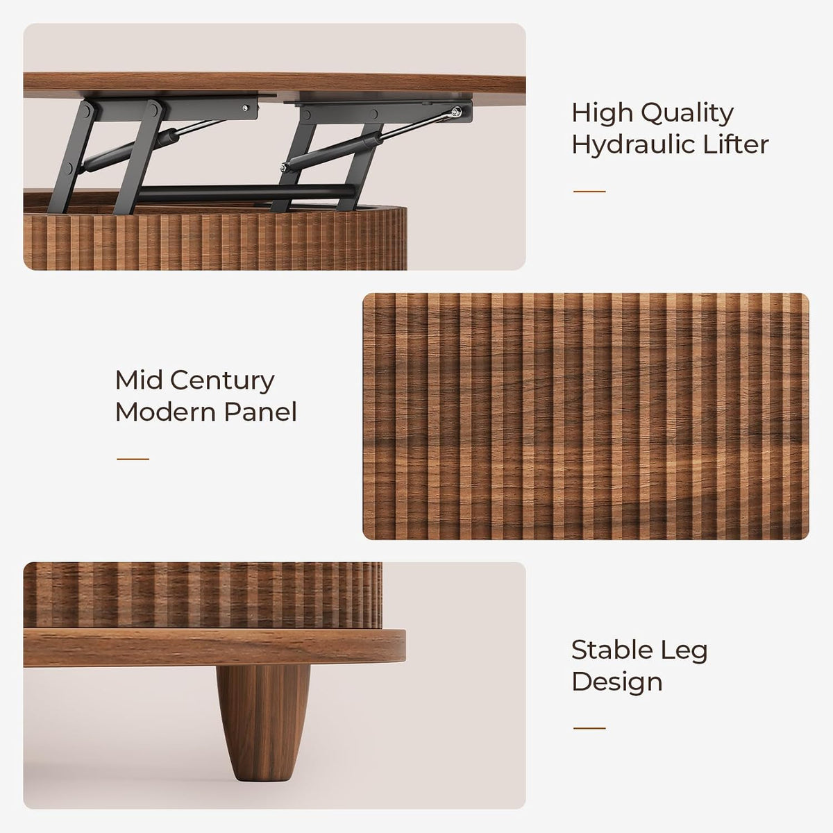 Round Lift Top Coffee Table, 34.6' Modern Coffee Table with 180° Curved Sliding Door, Fluted Accent Coffee Tables with Hidden Storage and Open Shelves, for Living Room, Office, Walnut