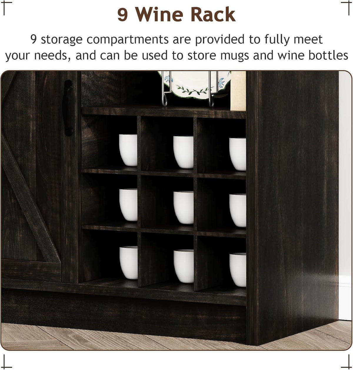 4ever2buy Farmhouse Coffee Bar Cabinet with Sliding Barn Door, 72' Hutch Coffee Bar with Storage, Large Kitchen Buffet Cabinet with Hutch, Tall Bar Cabinet Table for Living Dining Room, Oak