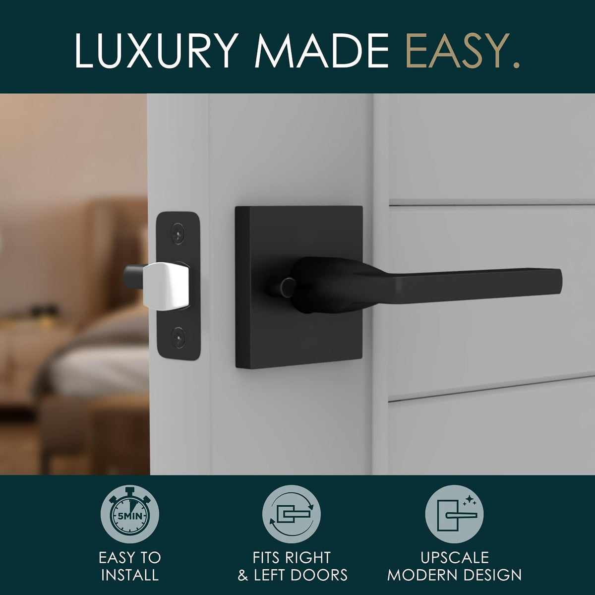 Mega Handles Prime Privacy Door Handle - 3 Pack Reversible Interior Black Door Handle, Heavy Duty Bed & Bath Door Handles with Privacy Door Lock, Fits All Standard Doors - Matte Black