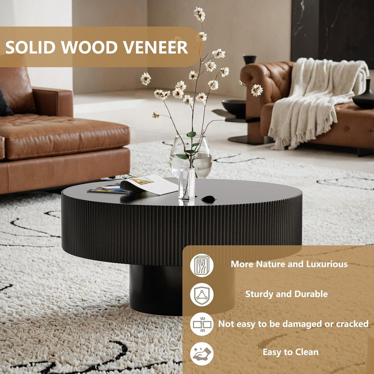 Round Handcraft Fluted Coffee Table with Sturdy Stable Pedestal Modern Luxury Drum Center Table Circle Accent Base Center Tables for Living Room Apartment (H)
