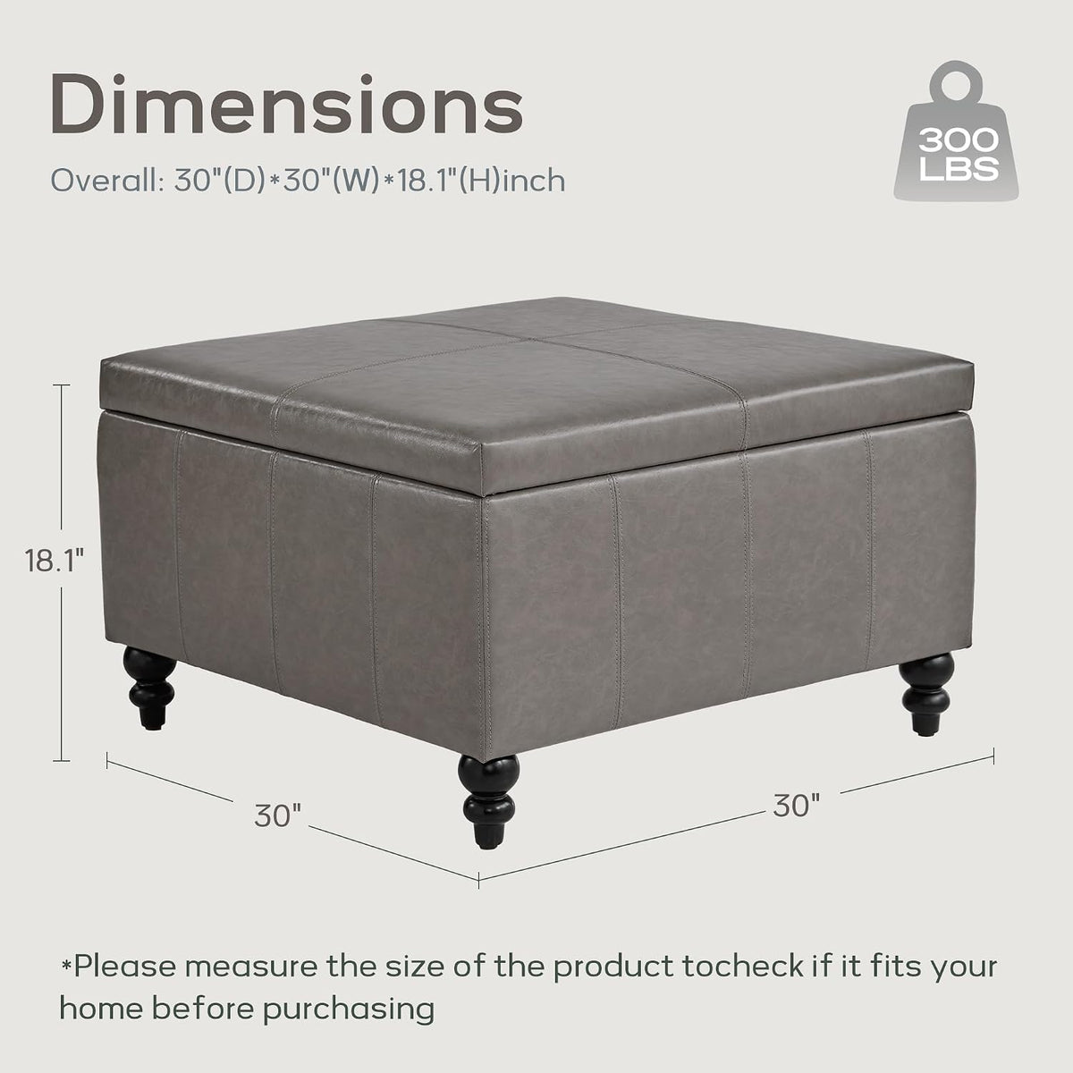 HUIMO Square Leather Storage Ottoman,Ottoman Coffee Table with Storage for Living Room (Taupe)