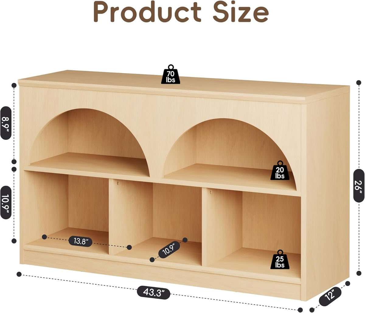 Fatmok 2-Shelf Bookcase, Arched Design Wooden Toy Storage Organizer and Storage for Books Toys, 5-Section Montessori Bookshelf for Kids Rooms, Playroom, Nursery, Kindergarten (Natural)