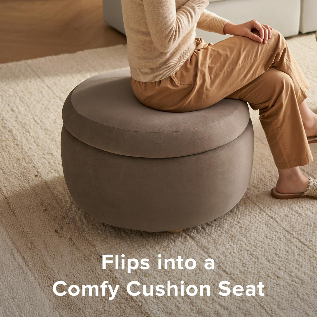 mopio Luna Round Ottoman with Storage and Tray, Round Coffee Table with Storage, Upholstered Foot Stools Ottoman for Living Room, Bedroom, with Solid Rubberwood Legs (Mocha Brown Premium Velvet)