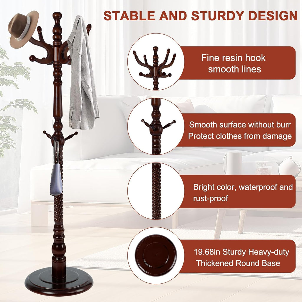 Wooden Coat rack freestanding, Coat racks stand with 11 Hook, Heavy duty coat tree standing 2 Adjustable Heights for Bedroom, Entryway, Hallway, Office,Stury Base (Brown disc)