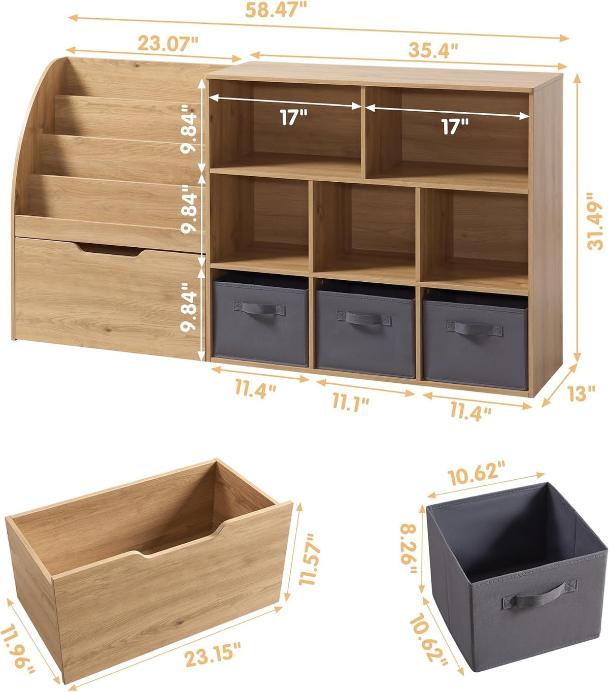 Fatmok 2 Pack Kids Bookcase, 58.5 Inch Wooden Storage Organizer with Reading Nook, Front Facing Book Rack, 5 Cubbies & Detachable Toy Bins, Storage Cabinet for Playroom, Nursery, Kids Bedroom
