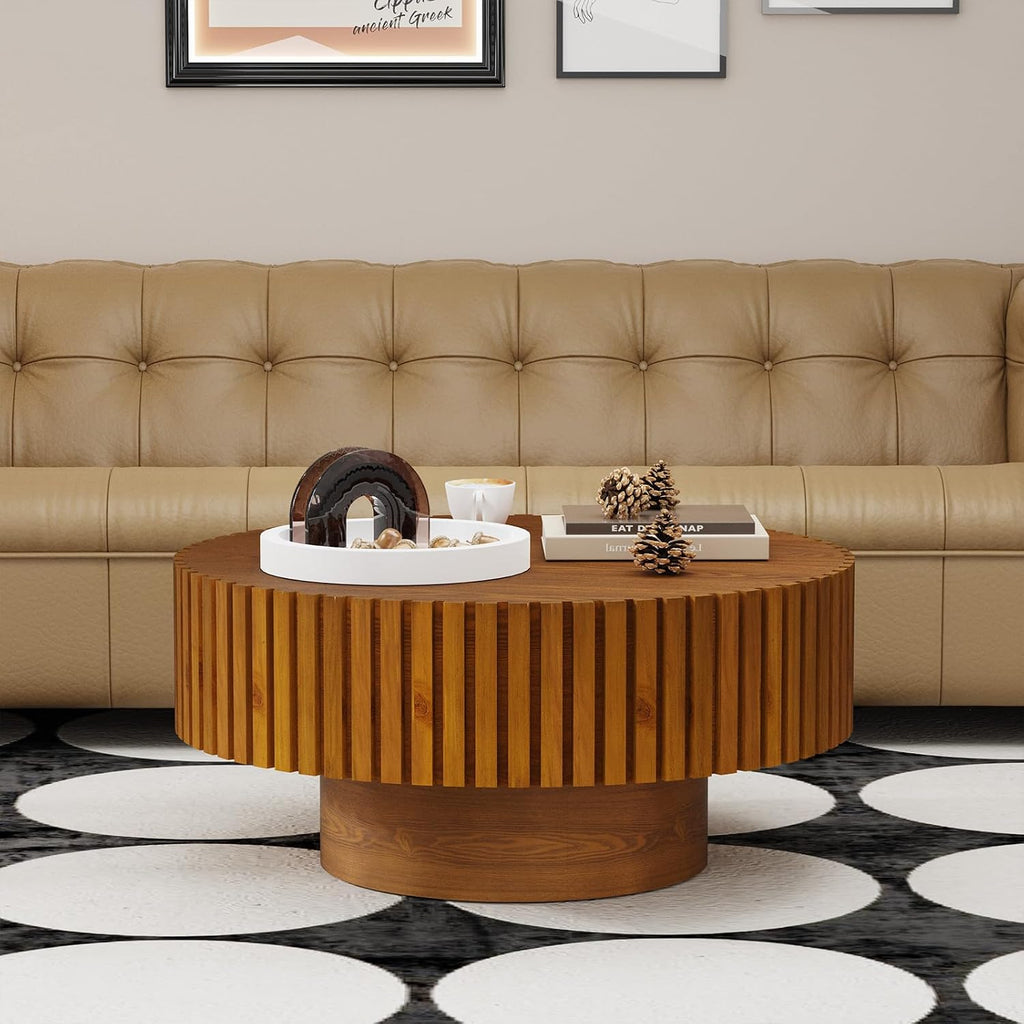Modern Round Coffee Table for Living Room Drum Round Fluted Coffee Table Circular Pedestal Center Table for Office Patio (Round Wood)