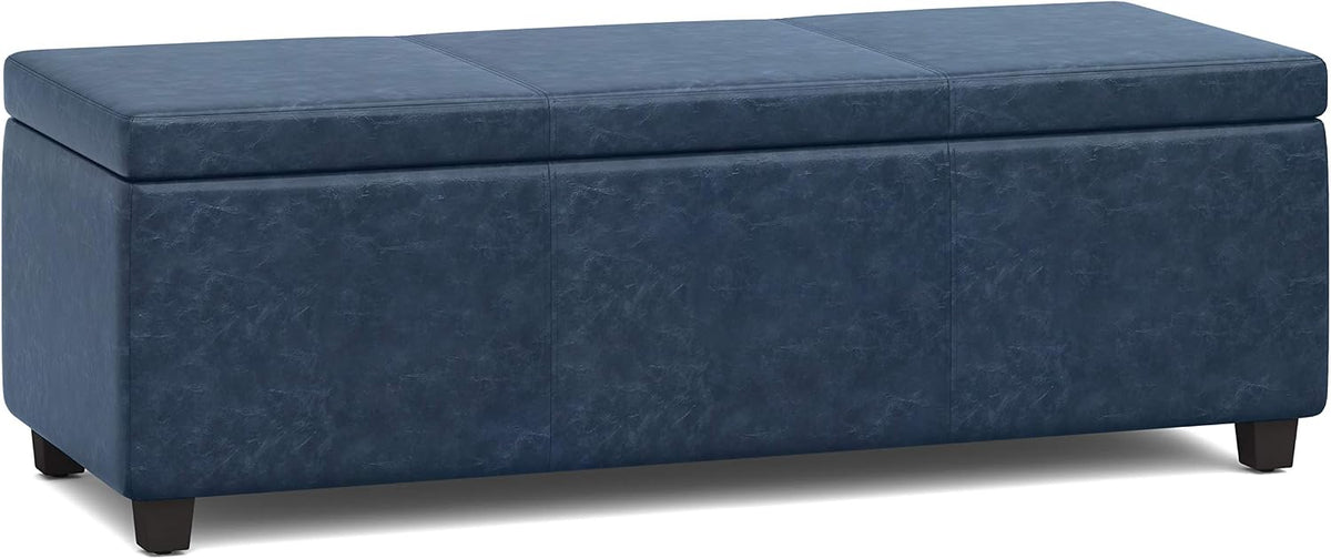 SIMPLIHOME Avalon Storage Ottoman Bench - 48' Wide x 16' High Upholstered Vegan Leather Rectangular Lift-Top Ottoman in Denim Blue, Contemporary Storage Bench for Living Room with High-Density Foam