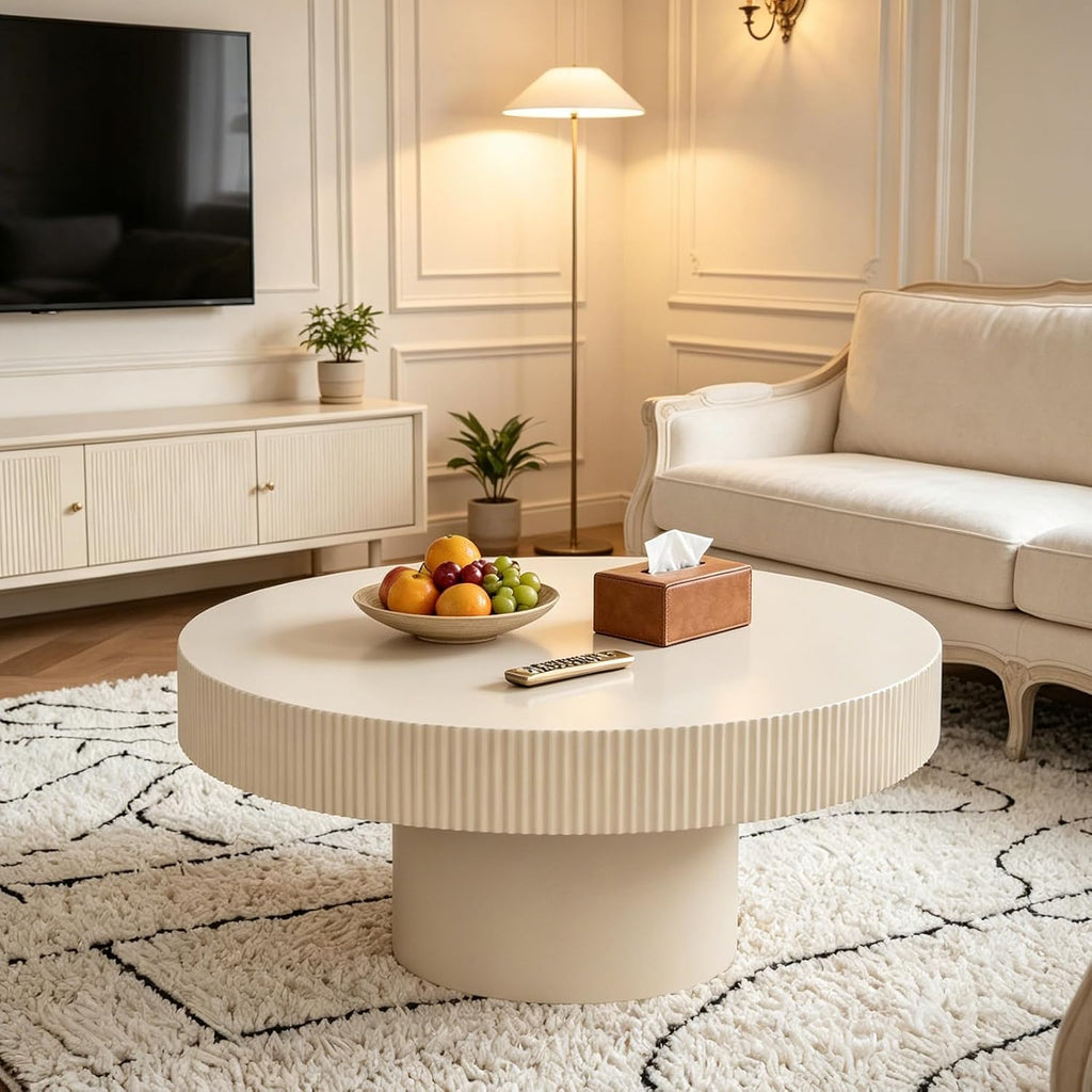 Cream Rustic Drum Round Coffee Table Modern Circle Center Table Circular Vintage Fluted Coffee Tables with Stable Pedestal, for Living Room Bedroom Farmhouse Office (P31.49IN)