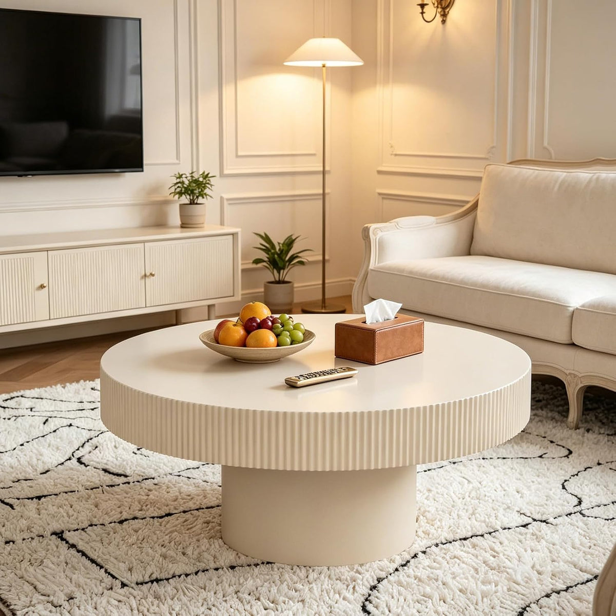 Cream Rustic Drum Round Coffee Table Modern Circle Center Table Circular Vintage Fluted Coffee Tables with Stable Pedestal, for Living Room Bedroom Farmhouse Office (P31.49IN)