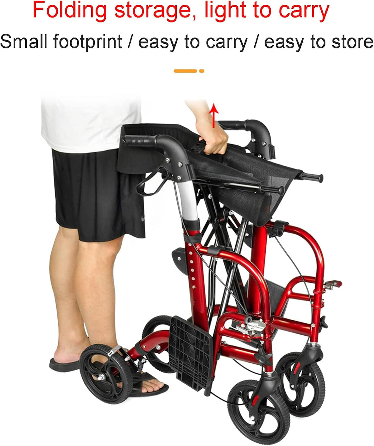 Mobility Walker for Seniors Lightweight Wheel Rollator, Folding Four Wheel Mobility Walker Disability Aids with Seat,Back Support, Basket, Carry Bag,Red