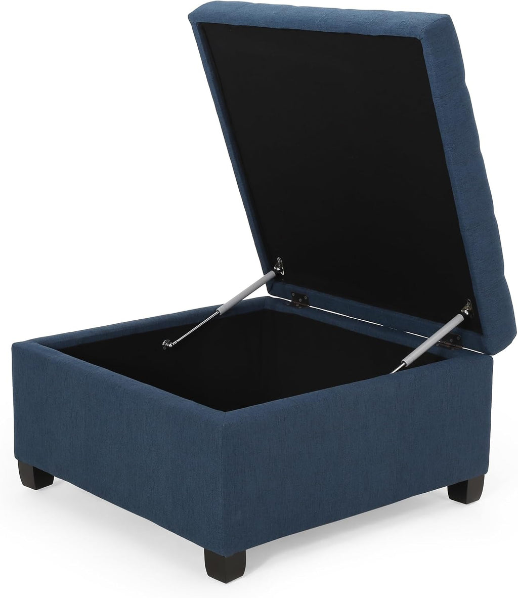 YOPTO 31' Square Storage Ottoman,Linen Footrest with Wooden Legs,Upholstered Button Tufted Coffee Table for Living Room,Navy Blue