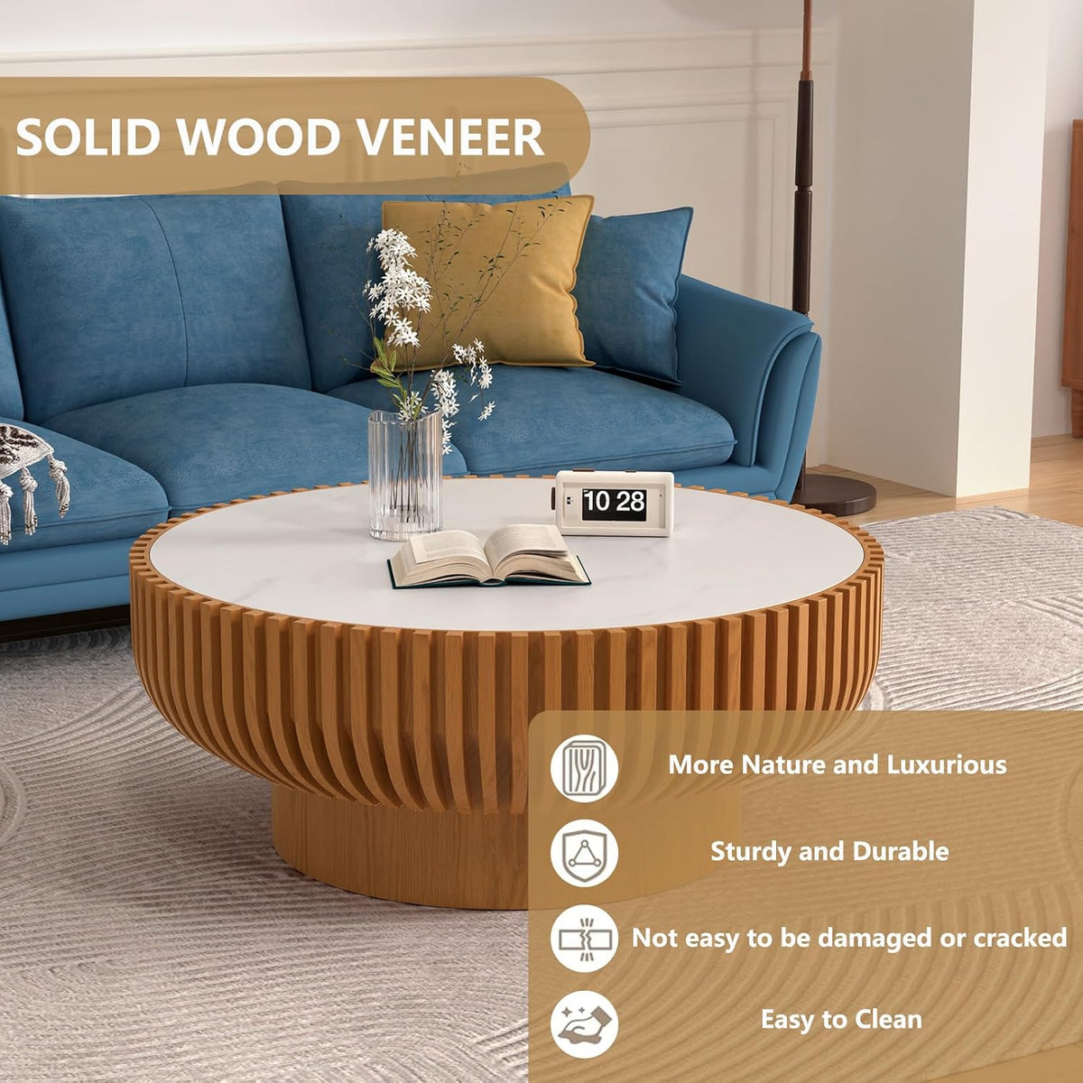 Round Handcraft Fluted Coffee Table with Sturdy Stable Pedestal Modern Luxury Drum Center Table Circle Accent Base Center Tables for Living Room Apartment (R)