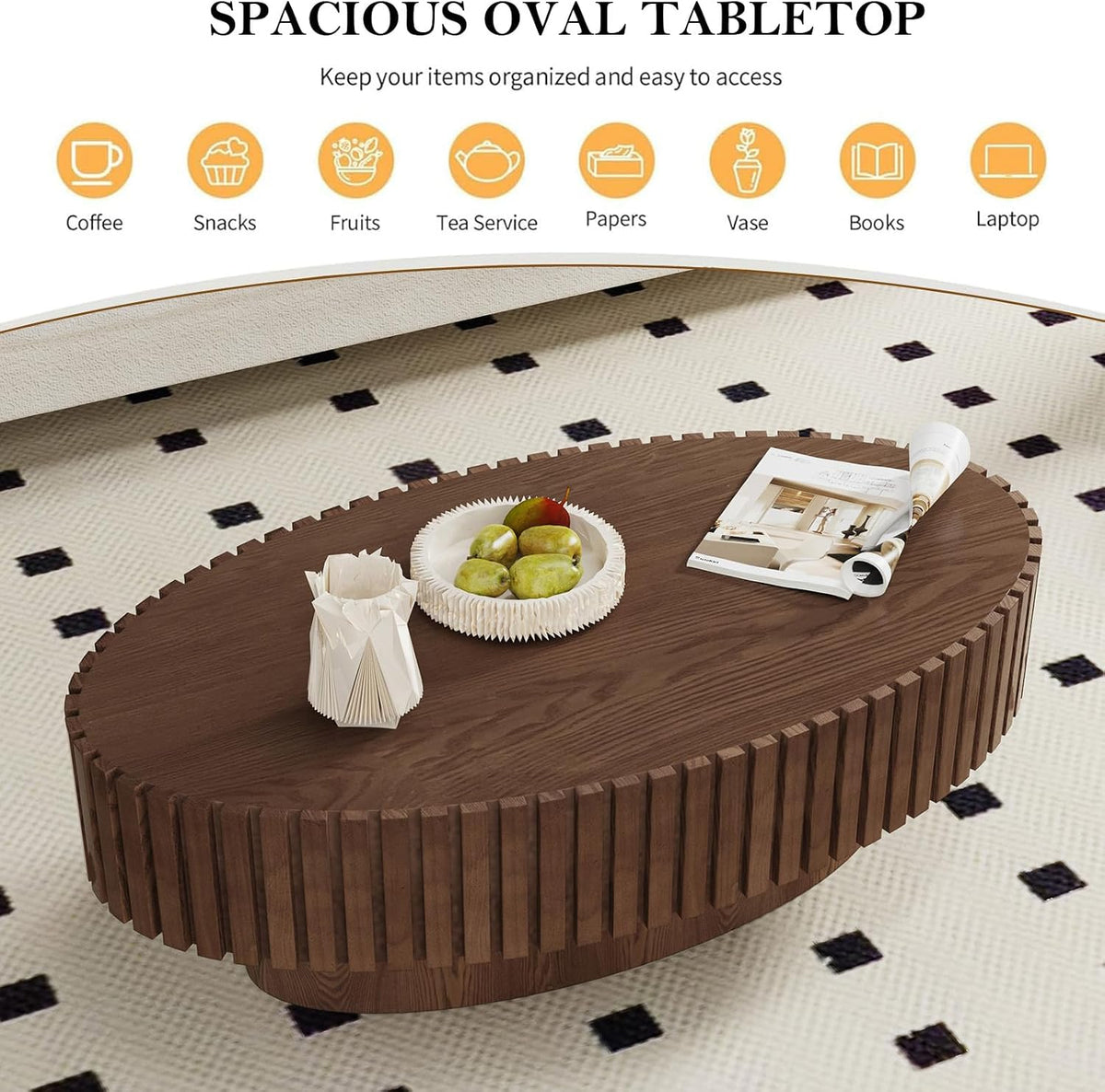 Handcrafted Oval Fluted Coffee Table, Modern Mid Century Minimalist Elegant Drum Oval Coffee Table with Sturdy Pedestal for Living Room Apartment (L)