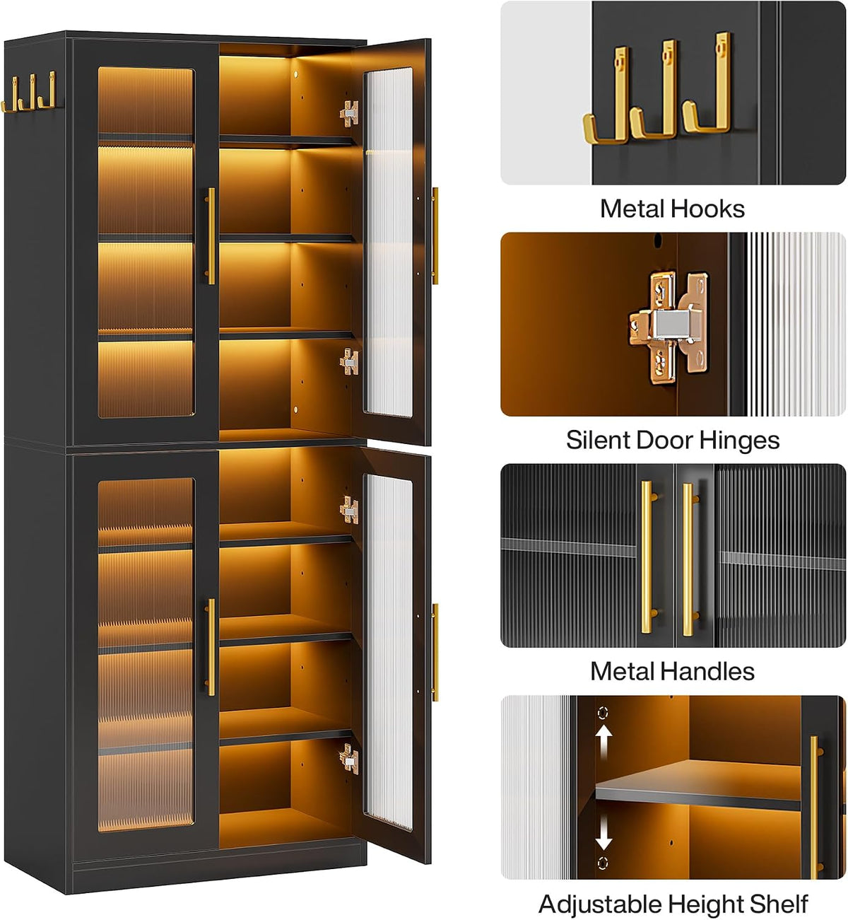 Tribesigns Black Shoe Storage Cabinet with Acrylic Doors and LED Lights, 8-Tier Tall Entryway Shoe Organizer Rack with Adjustable Shelves & Hanging Hooks for Narrow Closet, Hallway, Living Room