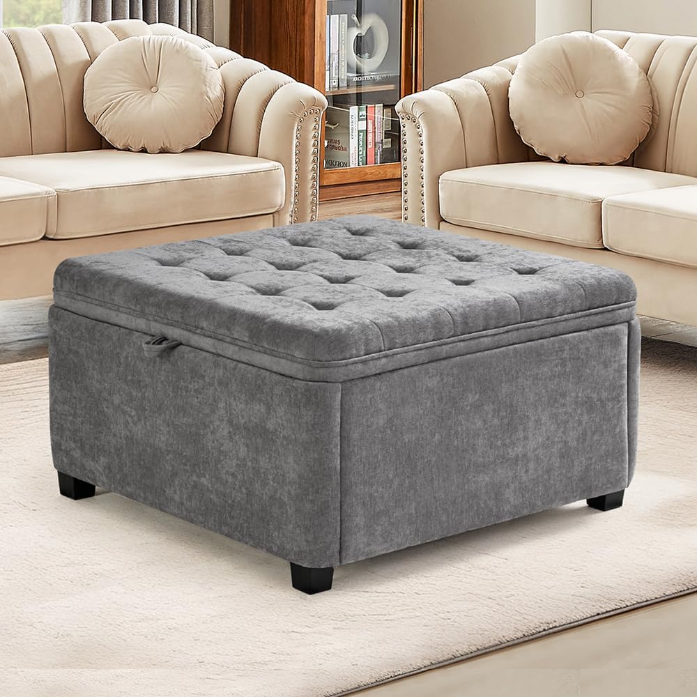 4-in-1 Storage Ottoman 30 Inch Large Hidden Storage Ottoman Foot Stool Square Ottoman Coffee Table with Soft-Close Hinge for Living Room (Gray)