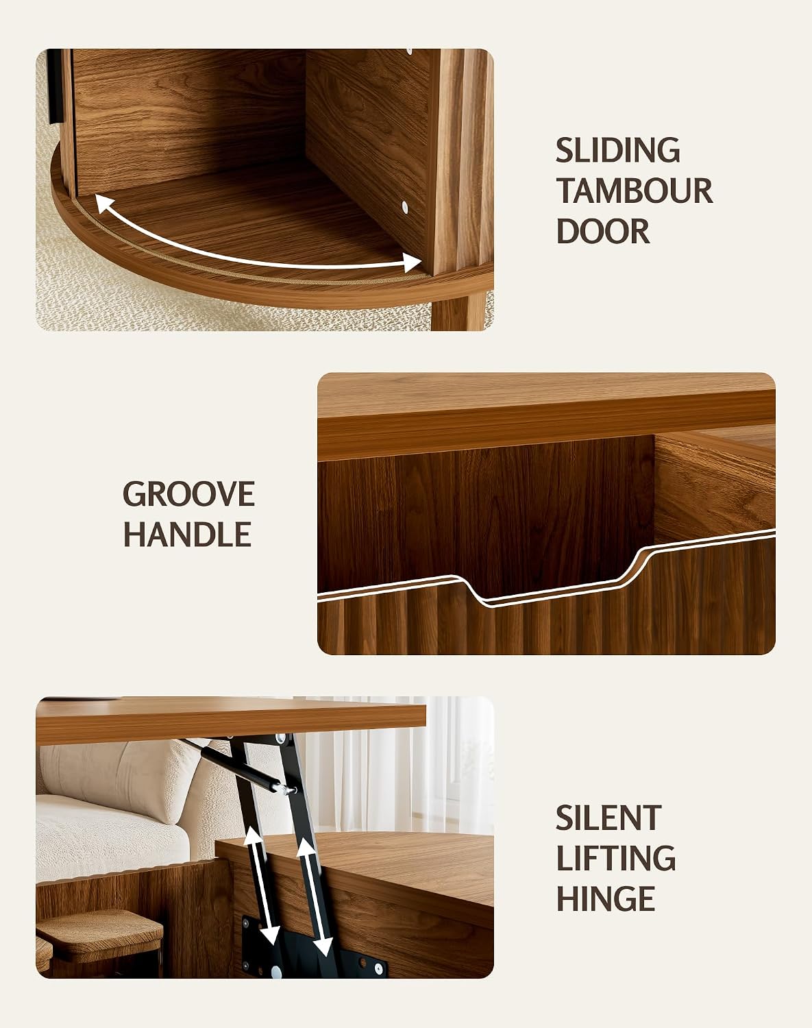 47.2' Oval Coffee Table with Storage, Lift Top Coffee Table for Living Room, Modern Wood Fluted Center Table with 180° Sliding Tambour Door
