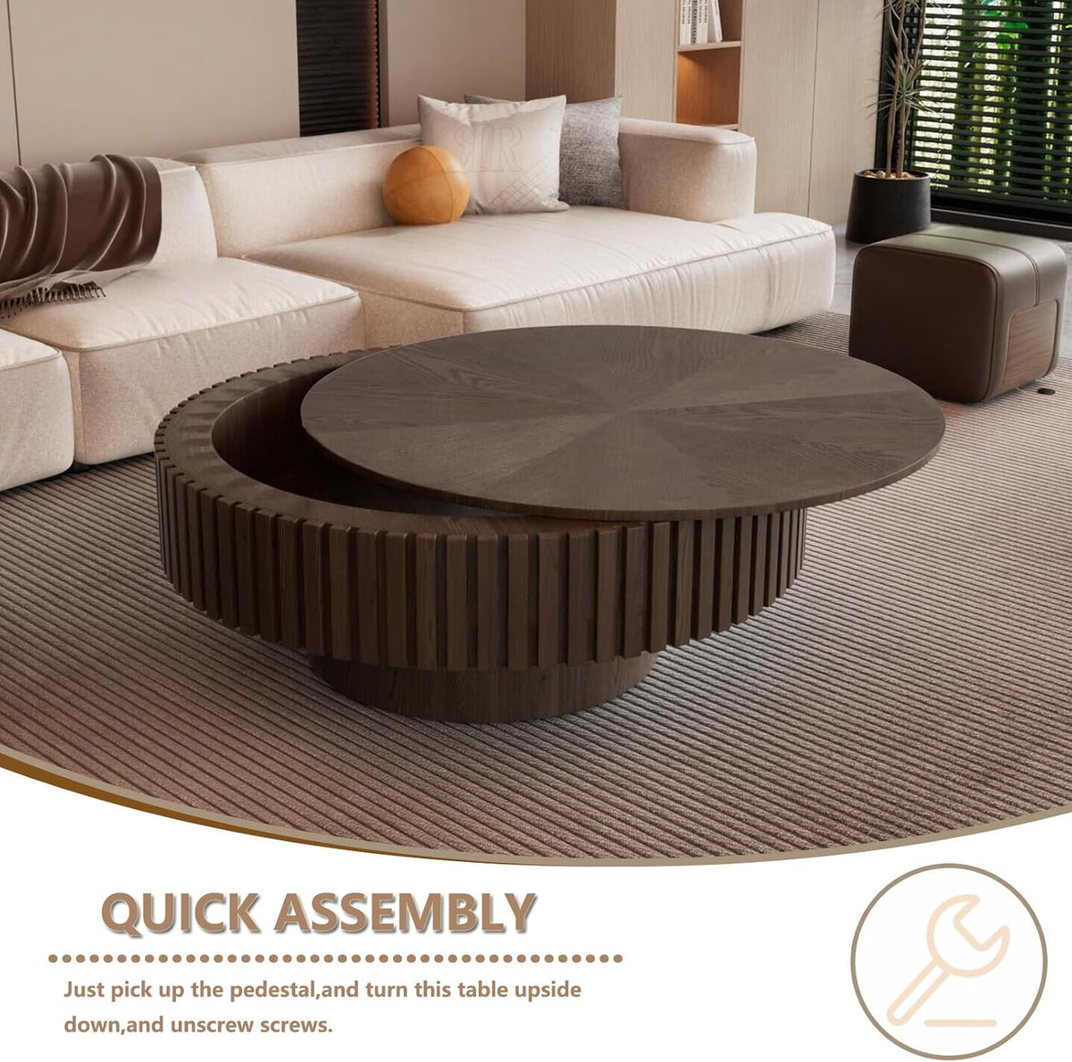 Round Handcraft Fluted Coffee Table with Sturdy Stable Pedestal Modern Luxury Drum Center Table Circle Accent Base Center Tables for Living Room Apartment (K)