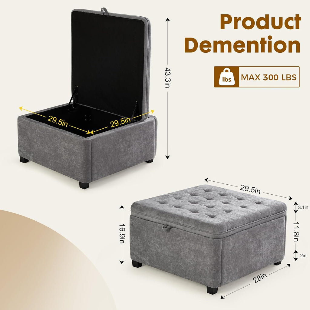 4-in-1 Storage Ottoman 30 Inch Large Hidden Storage Ottoman Foot Stool Square Ottoman Coffee Table with Soft-Close Hinge for Living Room (Gray)