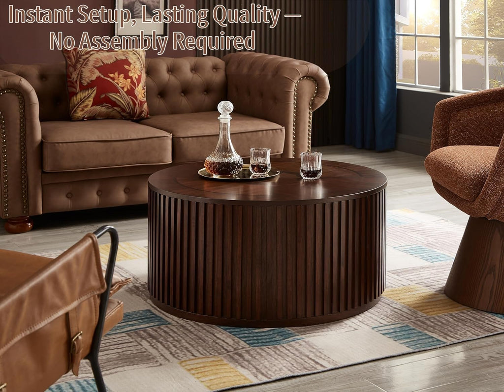 Round Lift Top Coffee Table with Storage, Wood Circle Center Table No Assembly Required with Large Hidden Compartment, Modern Drum Coffee Table for Living Room, Office (31'x31'x16')