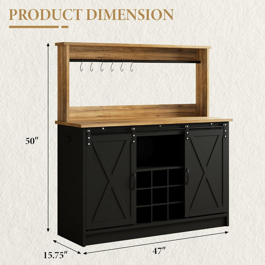 4ever2buy Coffee Bar Cabinet with Storage, 47'' Farmhouse Coffee Bar with Hutch and Sliding Barn Door, Wine Bar with 9 Wine Racks and 6 Hooks for Dining Room, Living Room, Black