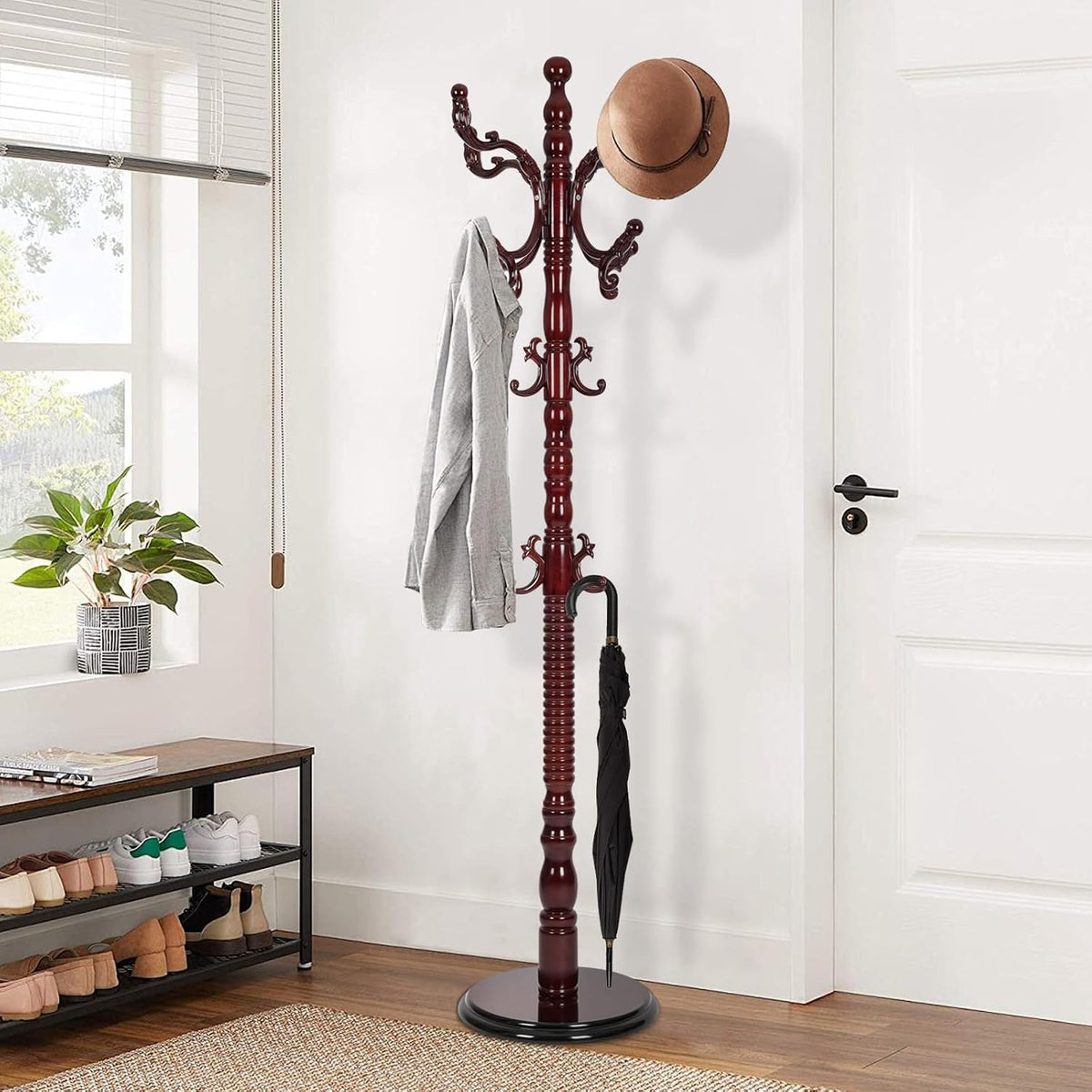 Wooden Coat Rack Freestanding, Vintage Coat Racks with Sturdy Round Base, Adjustable Height 37.40'-72.83' Entrance Coat Rack for Bedroom Living Room Entryway (Solid wood Rosewood)