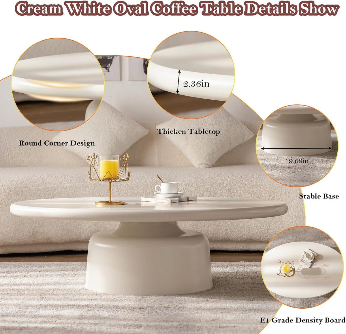 45.67' Cream Style Coffee Table with Stable Fiberglass Table Legs, Oval E1 Density Board Tabletop - Smooth Fininsh, for Small Space (Oval 45.67in)