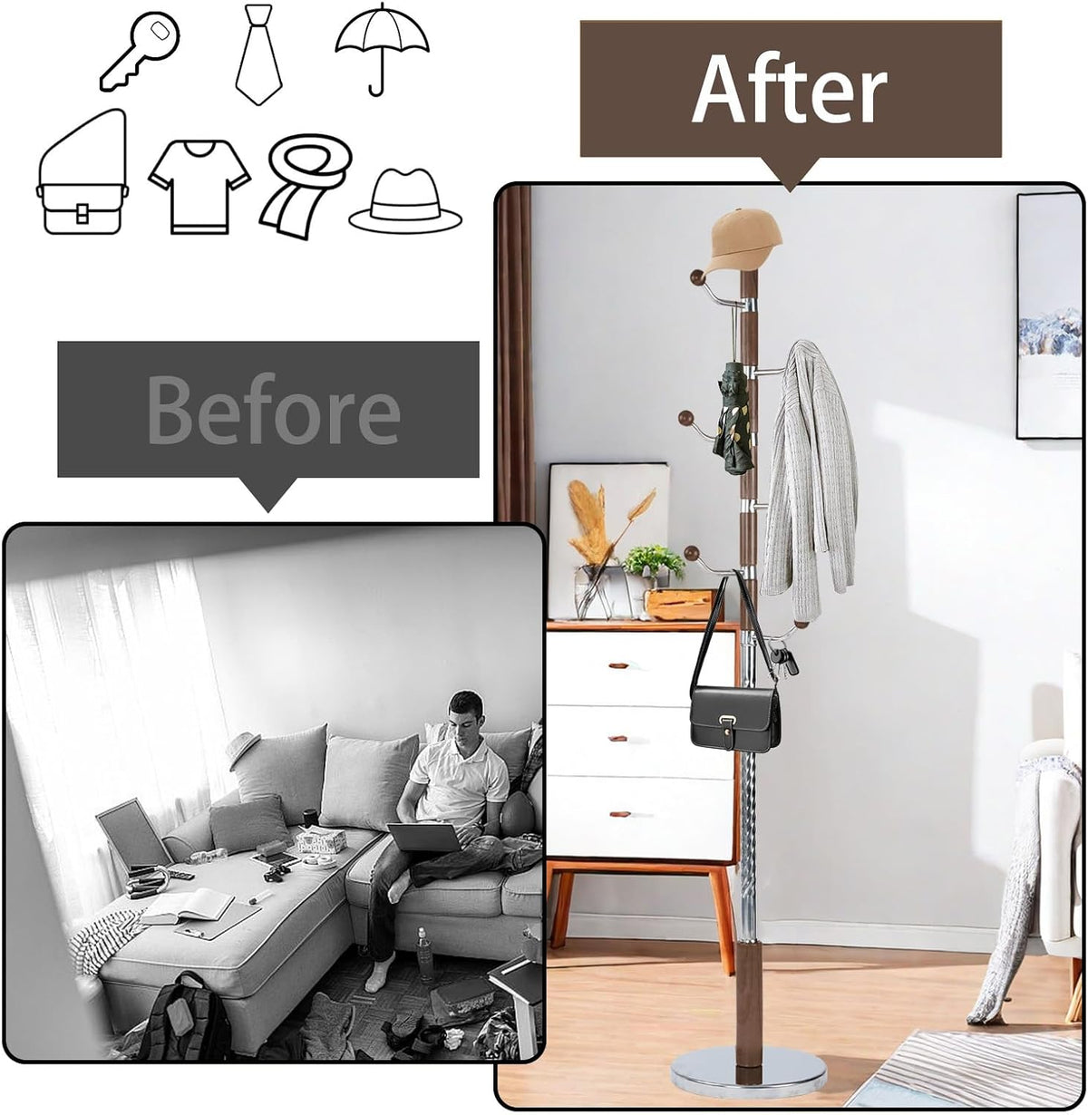 Coat Rack Freestanding, Metal Wooden Coat Tree with 6 Hooks, Heavy Duty Coat Hanger Stand with Resin and Stainless Steel Base, Free Standing Hall Tree for Scarf, Bag, Jacket (Walnut metal)