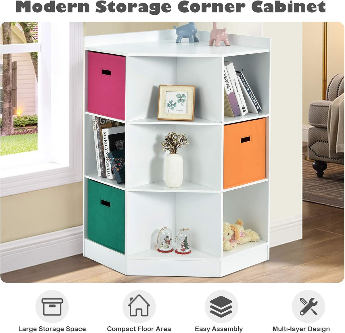 HONEY JOY Kids Toy Storage Organizer, 9-Cubby Toy Bin Organization Storage Cabinet w/Display Shelf & 3 Removable Basket, Wooden Corner Storage Unit for Playroom, Kids Bedroom, Nursery Daycare(White)